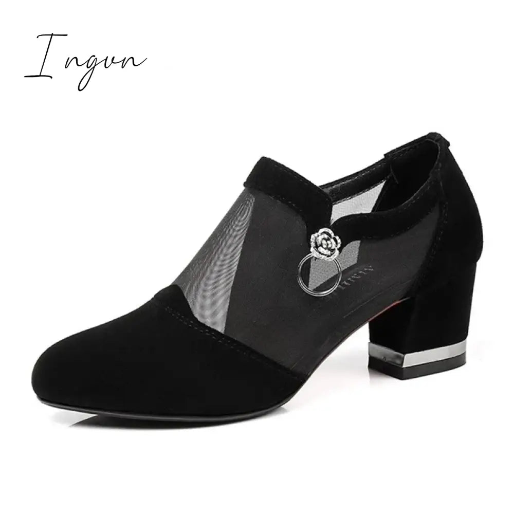 Ingvn - 2024 Women High Heel Shoes Mesh Breathable Pumps Zip Pointed Toe Thick Heels Fashion Female Dress Shoes Elegant Footwear