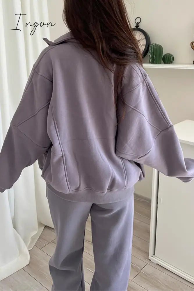 Ingvn - Casual Simplicity Solid Draw String Hooded Collar Long Sleeve Two Pieces