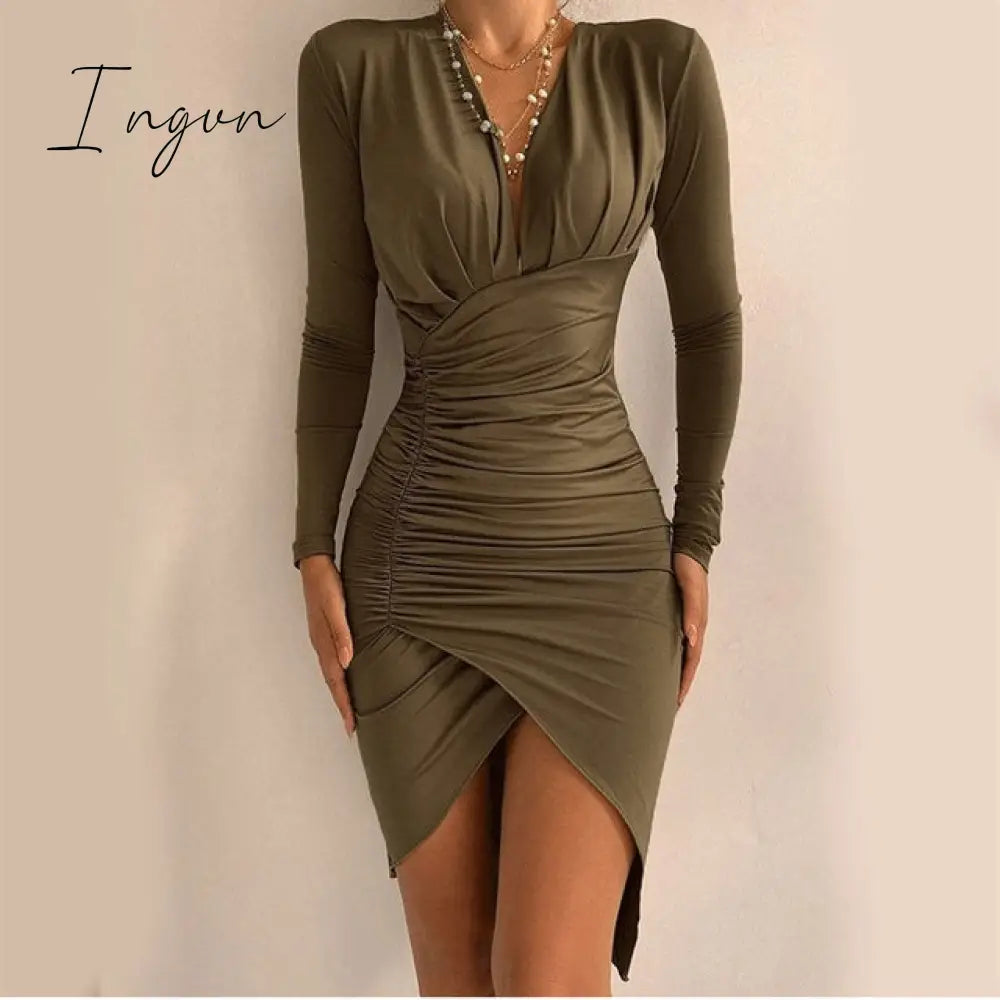 Ingvn - Women's Spring Sexy Package Hips Long-sleeve V-neck Printed Slit Dress Clothing Summer Black Bodycon Dresses For Women Party