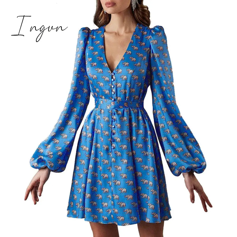 Ingvn - Trends high quality Spring New Women Sexy V Neck Letters Print Fashion Short Dresses Casual Satin Slim Lantern Sleeves Zipper Elegant Party Vestidos
