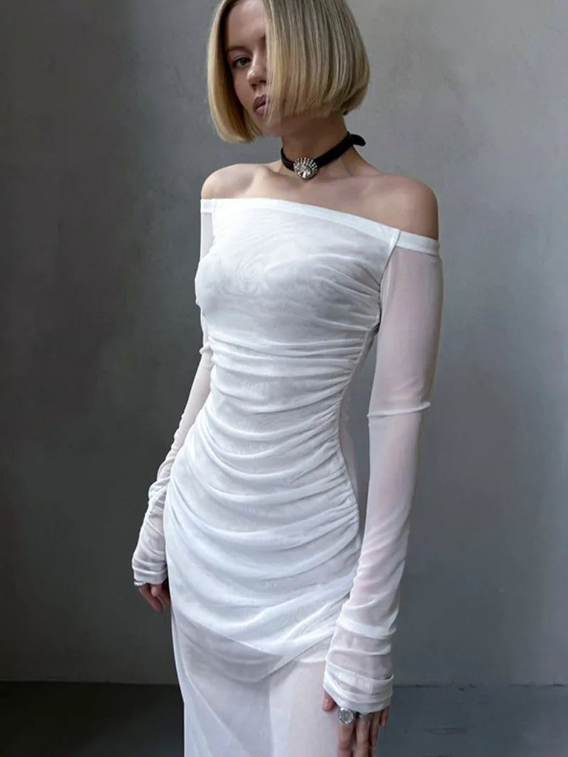 Ingvn  Womens Elegant Slash Neck Long Sleeve Mesh Dress  Sexy Female See Through High Waist Folds Slim Fit Long Dresses White Black