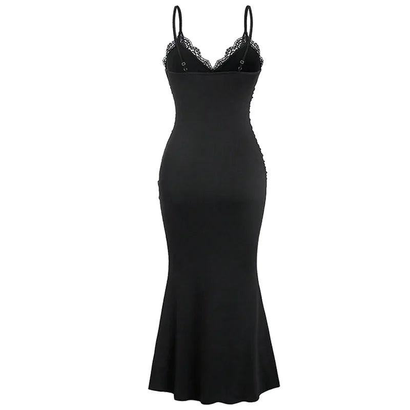 Spaghetti Strap Lace Sexy Maxi Dress For Women Gown Fashion V Neck Sleeveless Backless Ruched Bodycon Long Dress