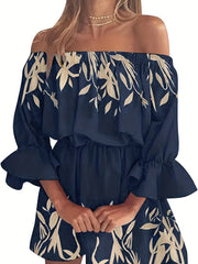 Elegant Summer Boho Dress - Off-Shoulder Leaf Print with Sexy Backless Cut & Playful Ruffles, Durable & Comfort Fit