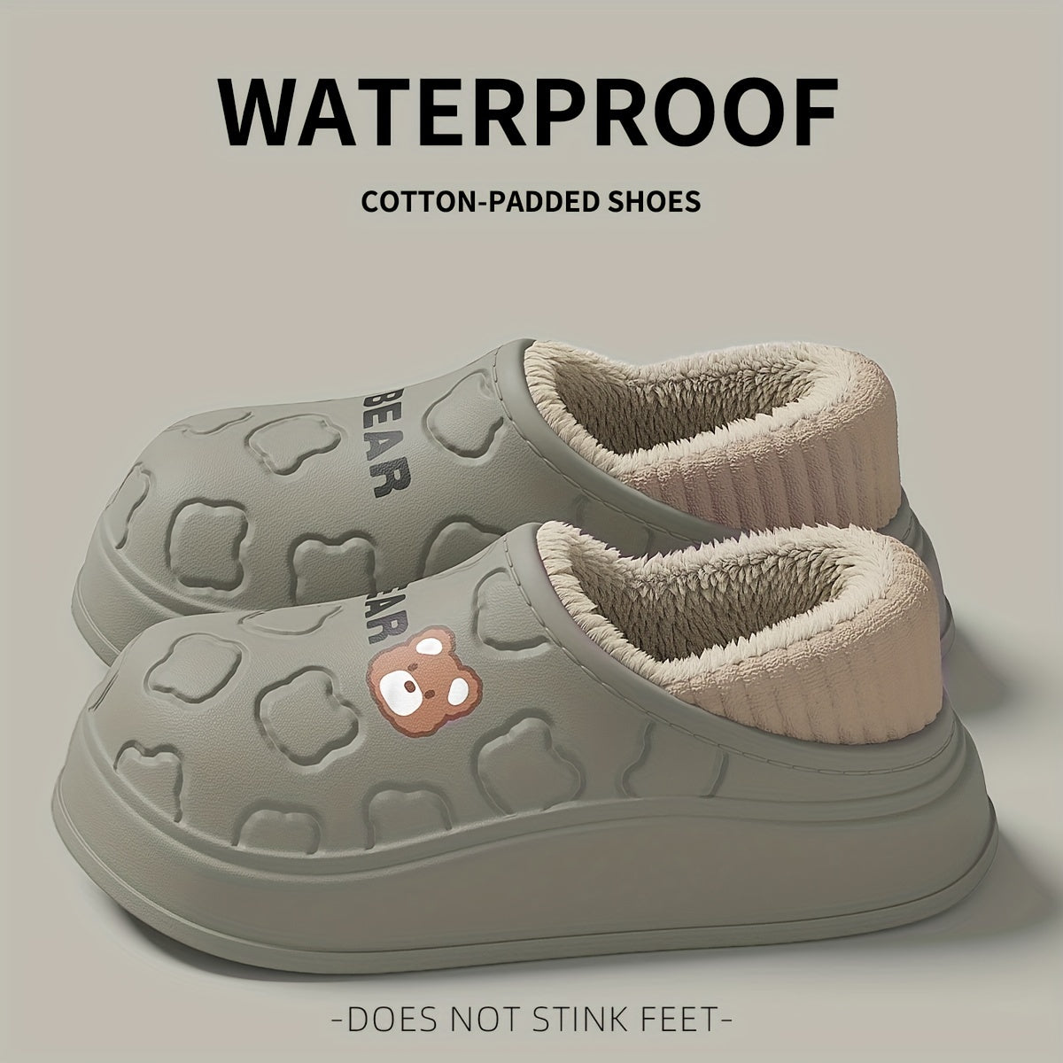 Cozy Winter Bear Slippers - Cute Cartoon Waterproof, Plush Lined EVA, Indoor/Outdoor Comfort