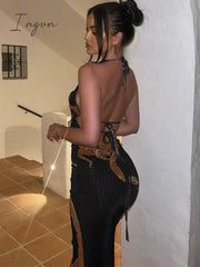 Ingvn - Elegant Halter Backless Print Maxi Dress Women New Fashion Lace-up Sleeveless Bodycon Printed Sexy Party Long Dress