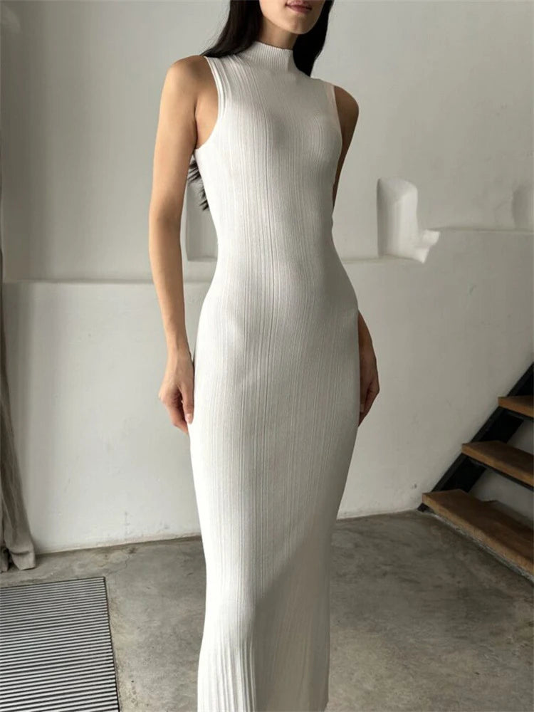 Sleeveless Knitwear Turtleneck Long Dress Female Slim Elegant Fashion Autumn Ribbed Knit Dress For Women Maxi Dress