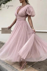 Ingvn- Elegant Solid Lace Mesh V Neck Evening Dress Dresses