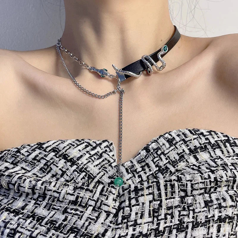 INGVN  Punk Snake Shape Necklace Original Design Tassels Cool Style Thick Plated Silver Color Chain Black Chokers For Women Jewelry