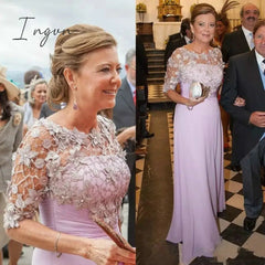 Ingvn - Elegant Lavender Chiffon Mother of the Bride Dresses For Weddings Lace Appliqued Half Sleeve Mothers Of The Groom Formal Evening