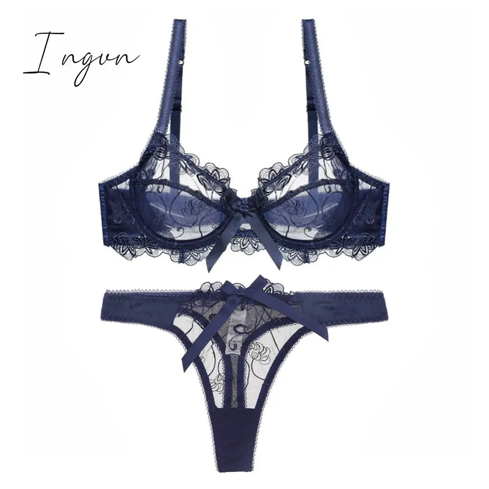 Ingvn - Hot 2pcs Women Sexy Ultra-Thin  Breathable Floral Lingerie  Sets Bras+Thongs