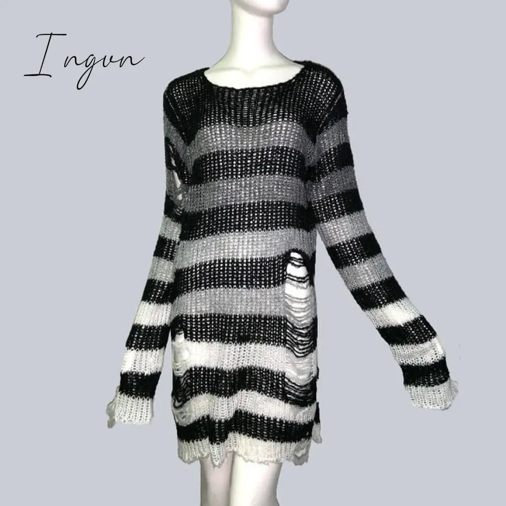 Ingvn - Plus Size Punk Gothic Long Unisex Sweater Dress Cool Hollow Out Hole Broken Jumper Loose Rock Thin Sweter Women Man Striped