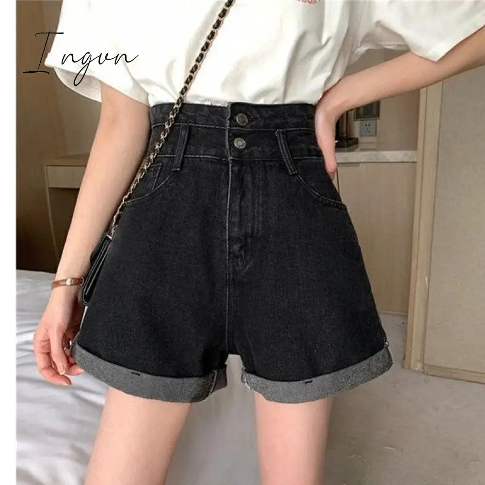 Ingvn - Black Denim Double-breasted Shorts Women Summer Hot Girls College All-match Solid Younger Ins Prevalent High Waist Casual Mujer