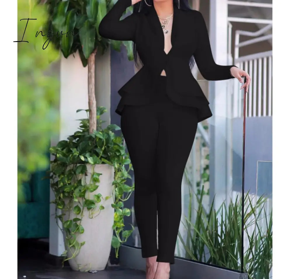 Ingvn - high quality Sexy Business Suits For Women Solid Black White Office Ladies 2 Piece Sets Scallop Design Elegant Women Suit Coat & Pants Set