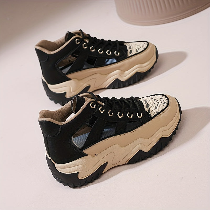 Fashionable Womens Platform Sneakers - Breathable Hollow Out Design - Lightweight Summer Shoes for Stylish Outdoor Adventures - Versatile Lace-Up High Tops for All-Day Comfort