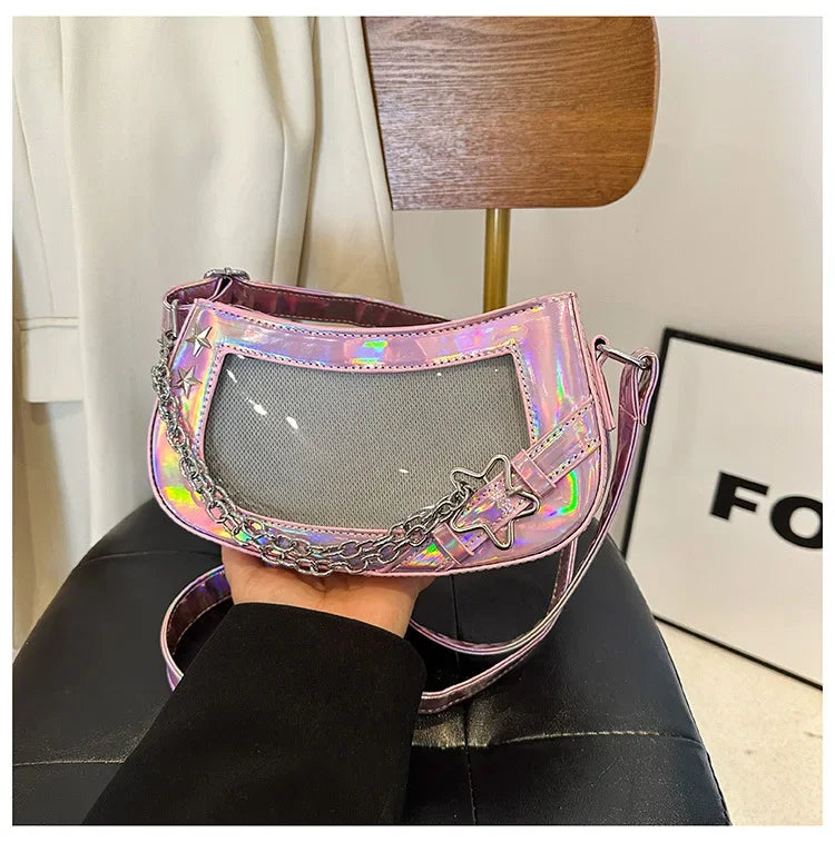 Ingvn  Laser Silver Shoulder Bag for Women Designer Casual Fashion Transparent Lolita Ita Bag Jk All-match Chain Y2k New Handbag