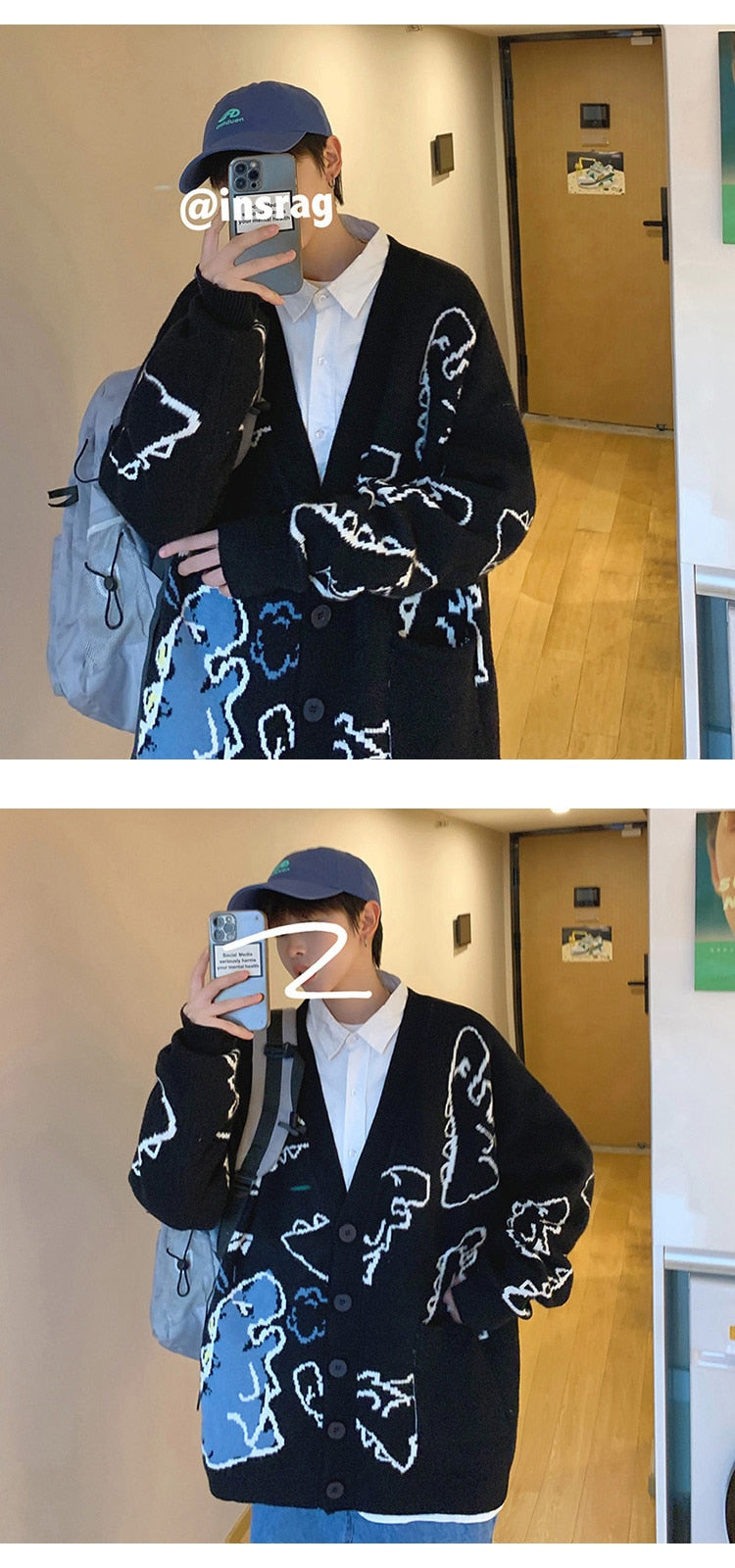 Oversized Cardigan Knitted Sweater Streetwear Loose Male Top Coat Hip Hop Sweater Cartoon Pattern Pullovers