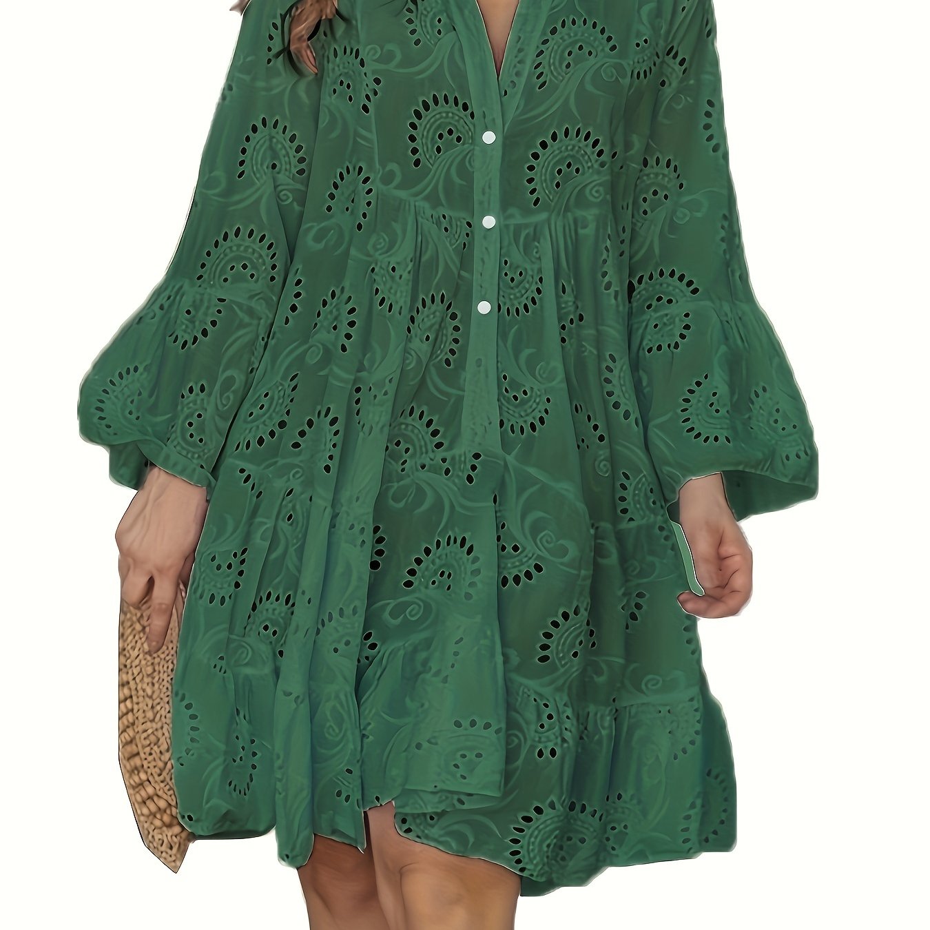 Elegant V Neck Hollow Ruffle Hem Flared Sleeve Dress, Women's Solid Wedding Clothing