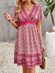Ingvn - Floral Print Bohemian Style V-Neck Flutter Sleeve Dress