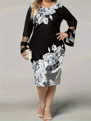 Plus Size Elegant Dress, Women's Plus Floral Print Contrast Mesh Bell Sleeve Round Neck Bodycon Midi Dress