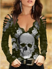 Ingvn - Women's Going Out Tops Burgundy Tee Blouse Halloween Shirt Black Wine Blue Floral Skull Cut Out Print Long Sleeve Halloween Casual Weekend Basic Off Shoulder V Neck Regular Fit Floral Painting Cold