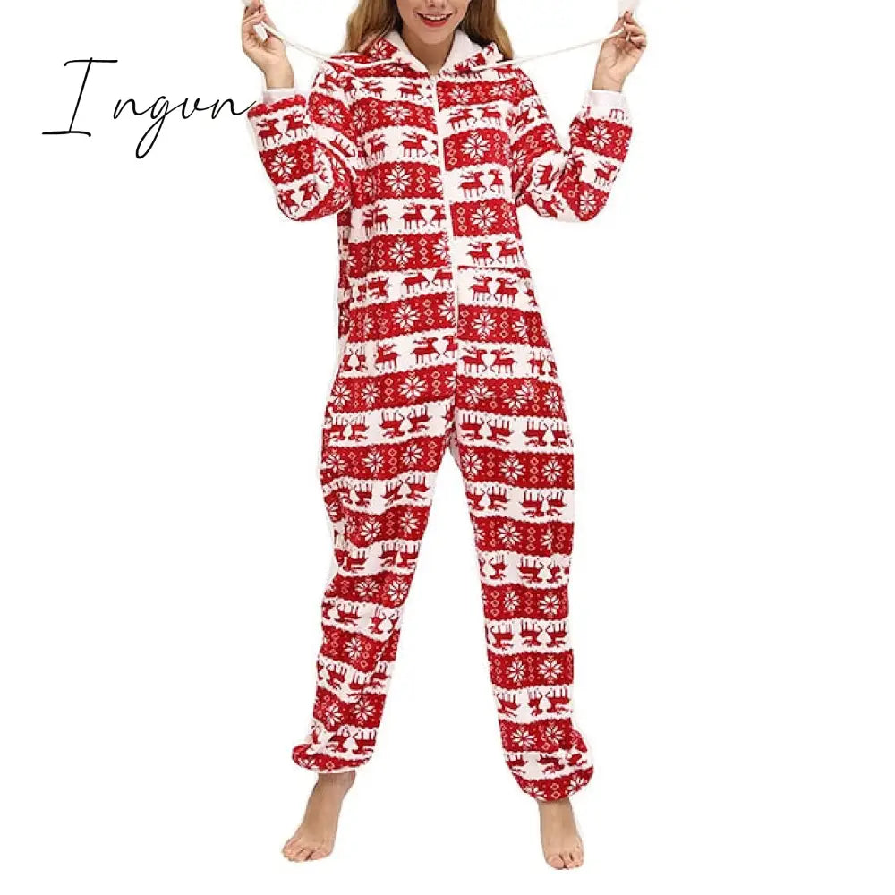 Ingvn - Women's Pajamas Jumpsuit Elk Snowflake Warm Fashion Casual Home Christmas Daily Polyester Breathable Hoodie Long Sleeve Pocket Fall Winter Black White