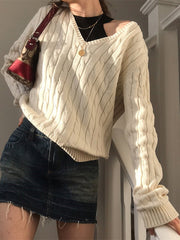 Brandy Mandy Sweaters Women White Knit Sweater Autumn Winter V Neck Long Sleev Knitted Sweater Navy Pullover Brandy Girl Sweater