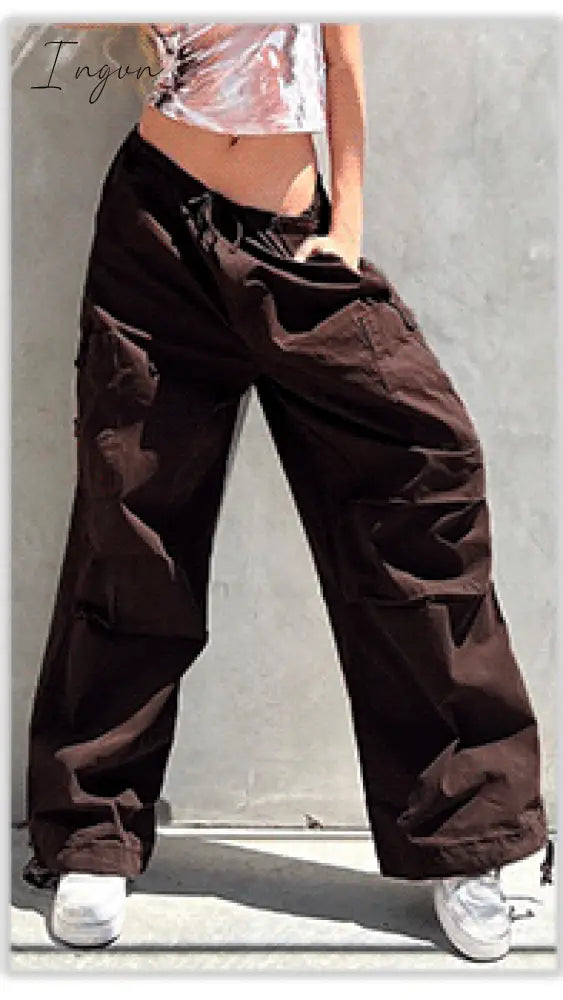 Ingvn - Hot Sell Quality Grunge Streetwear Cargo Pants Woman Low Waist Baggy Mom Jeans Vintage 90s Hippie Wide Leg Denim Trousers Korean Outfits
