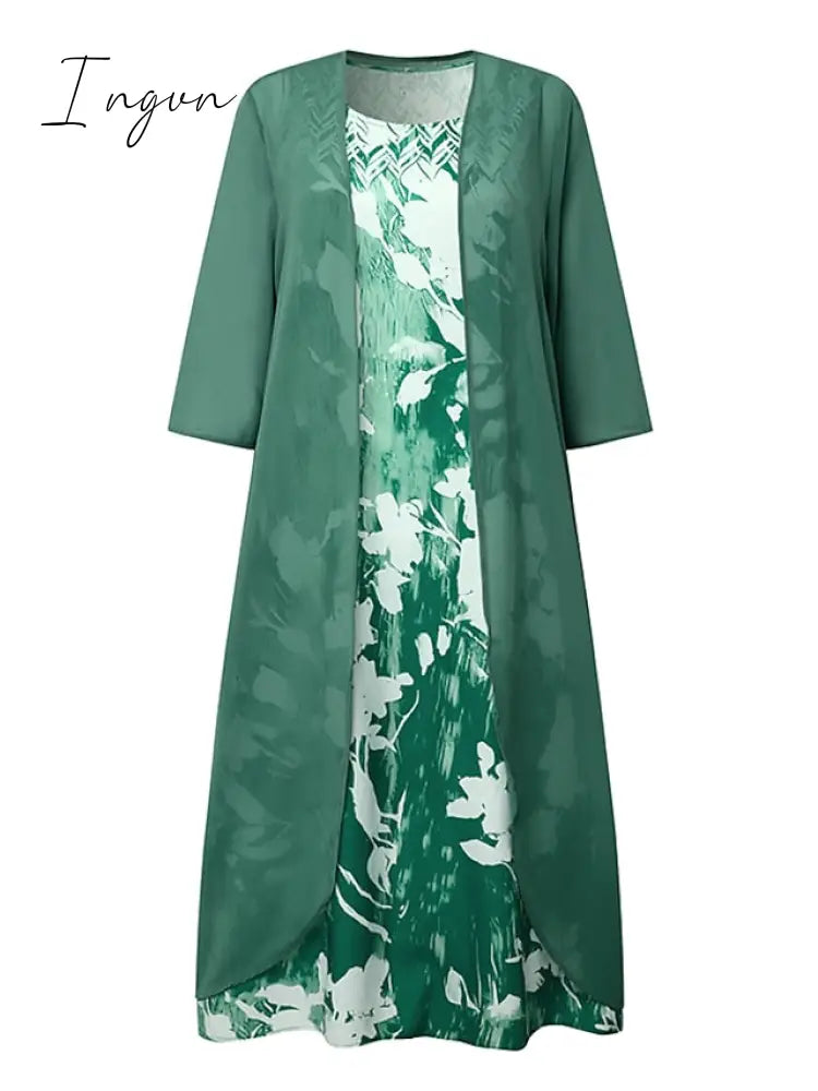 Ingvn - Women‘s Dress Set Two Piece Dress Midi Dress Green Blue Gray Half Sleeve Floral Print Summer Spring U Neck Casual 2023 S M L XL XXL 3XL