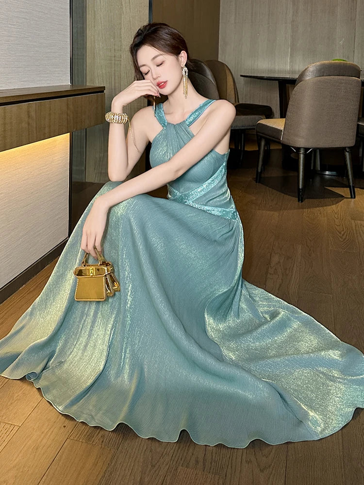 Elegant Host Evening Dress Women's French Hanging Neck Shiny Silk Satin Backless Waist Large Swing Robe Party Catwalk Vestidos