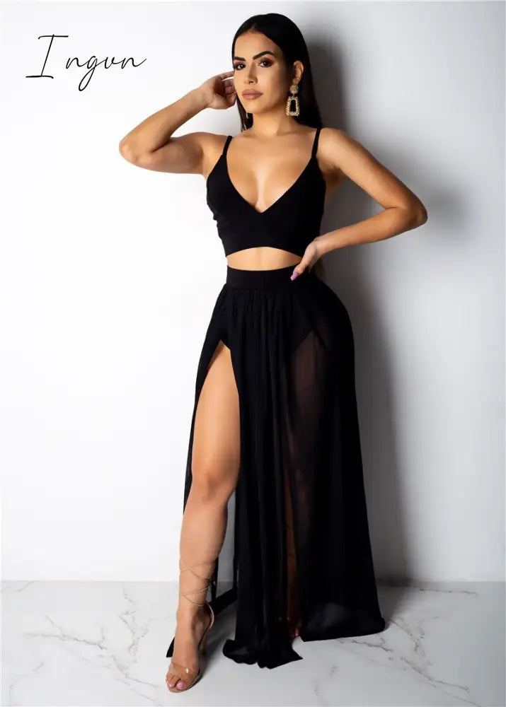Ingvn - Sexy Women Set Two Pieces Spaghetti Strap Top Long Slit Skirt Summer Chiffon 2 Pieces Set Outfit Solid Pattern Outdoor Wear