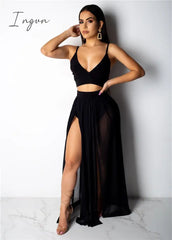 Ingvn - Sexy Women Set Two Pieces Spaghetti Strap Top Long Slit Skirt Summer Chiffon 2 Pieces Set Outfit Solid Pattern Outdoor Wear
