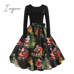 Ingvn - Christmas Halloween Costumes  Retro Positioning Print Party Casual Long Sleeve Round Neck Swing Dress