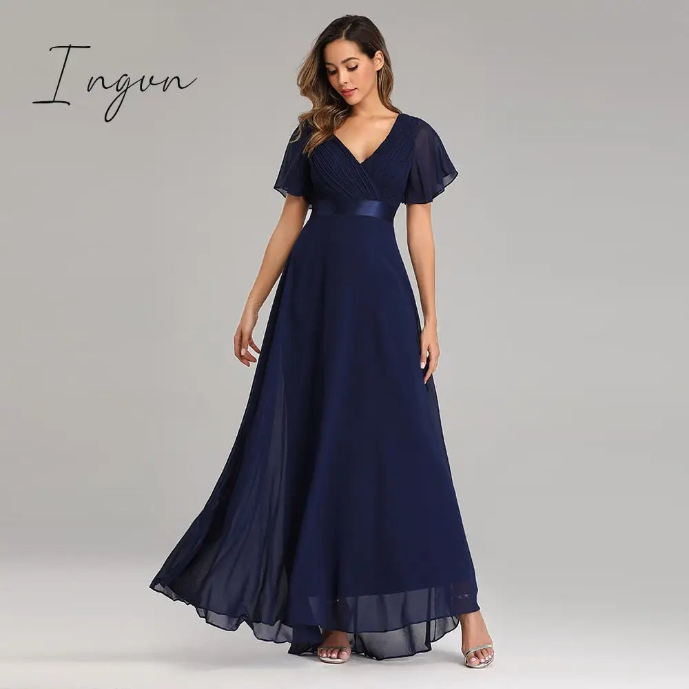 Ingvn - Evening Dresses Elegant V-Neck Ruffles Chiffon Formal Evening Gown  Robe Vestidos De fiesta Dress for Wedding Party