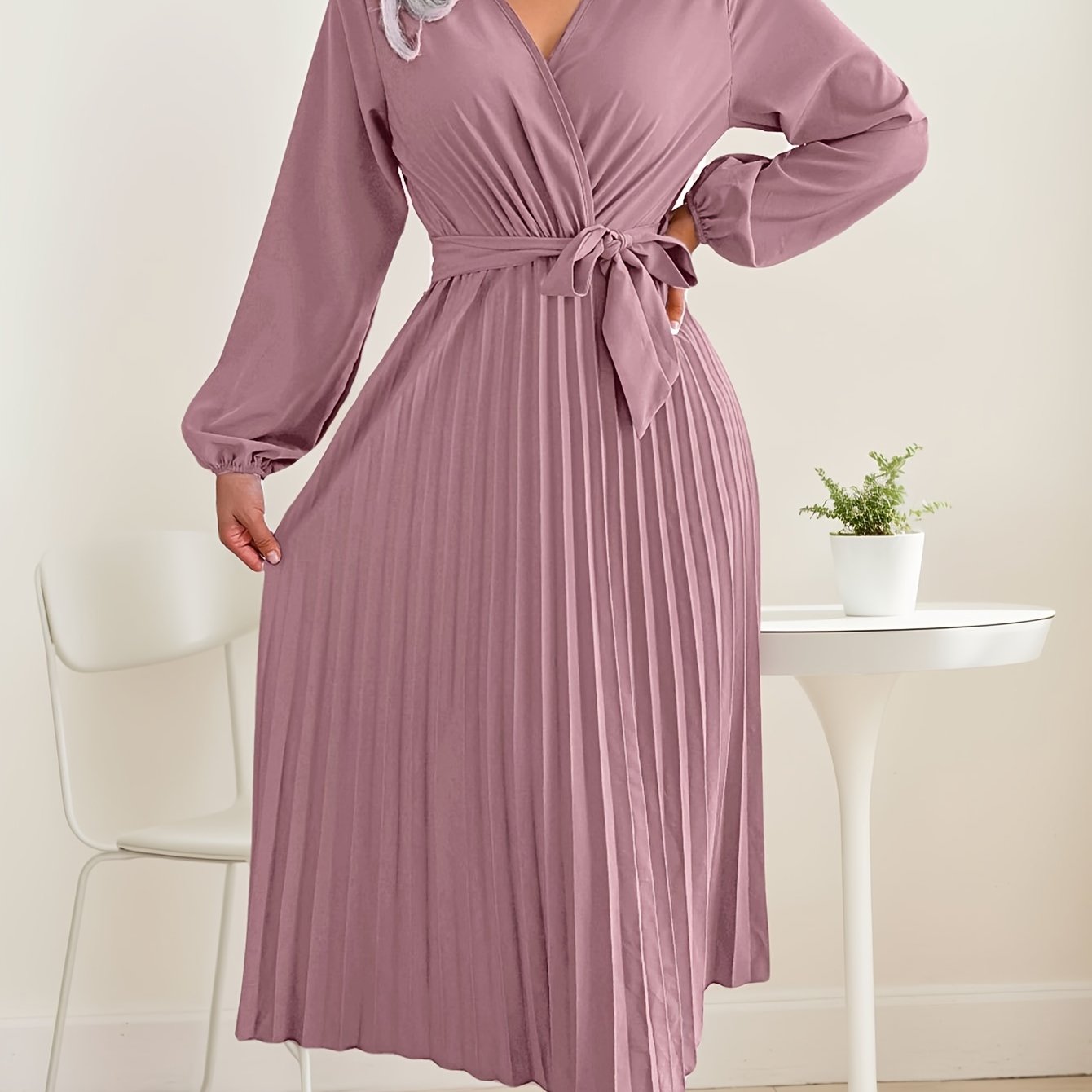 Womens Wrap Tie Dress Casual Fall V Neck Pleated Long Sleeve Solid Flowy Dress For Party Wedding Guest