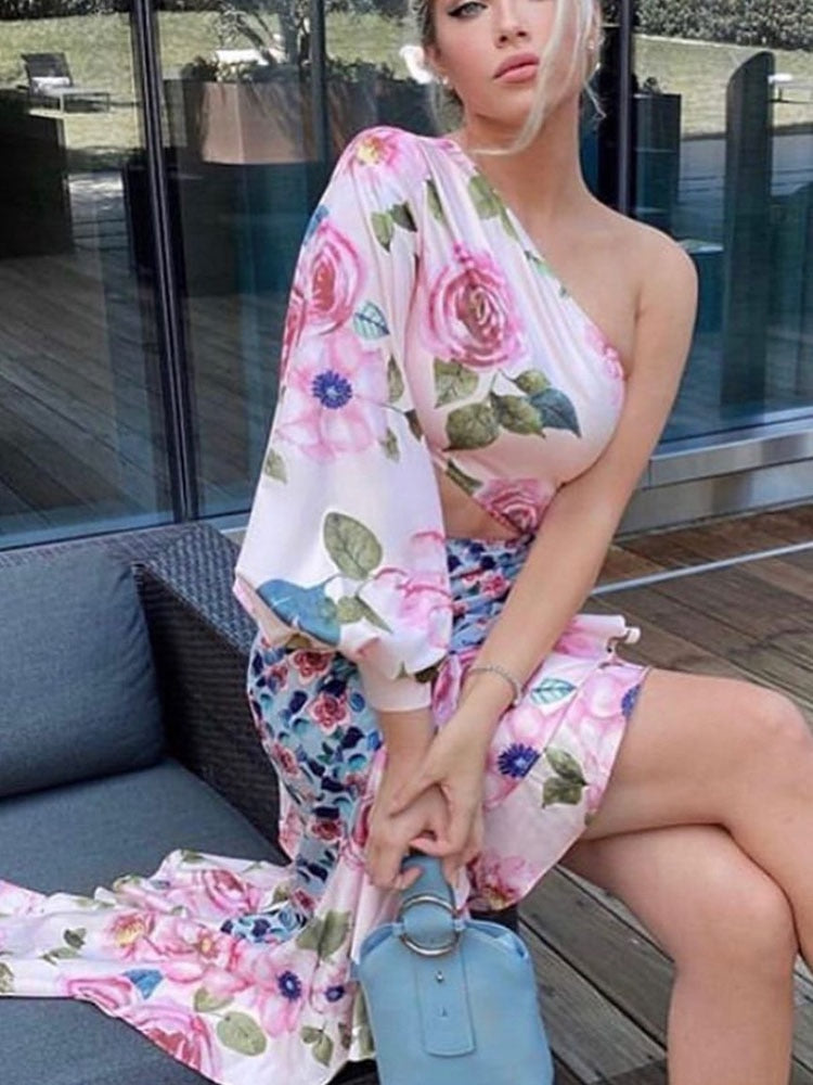 Summer New Ladies Fashion Tube Top Single Sleeve + Waist Splicing Skirt Sexy Elegant Ladies Asymmetric Skirt Suit
