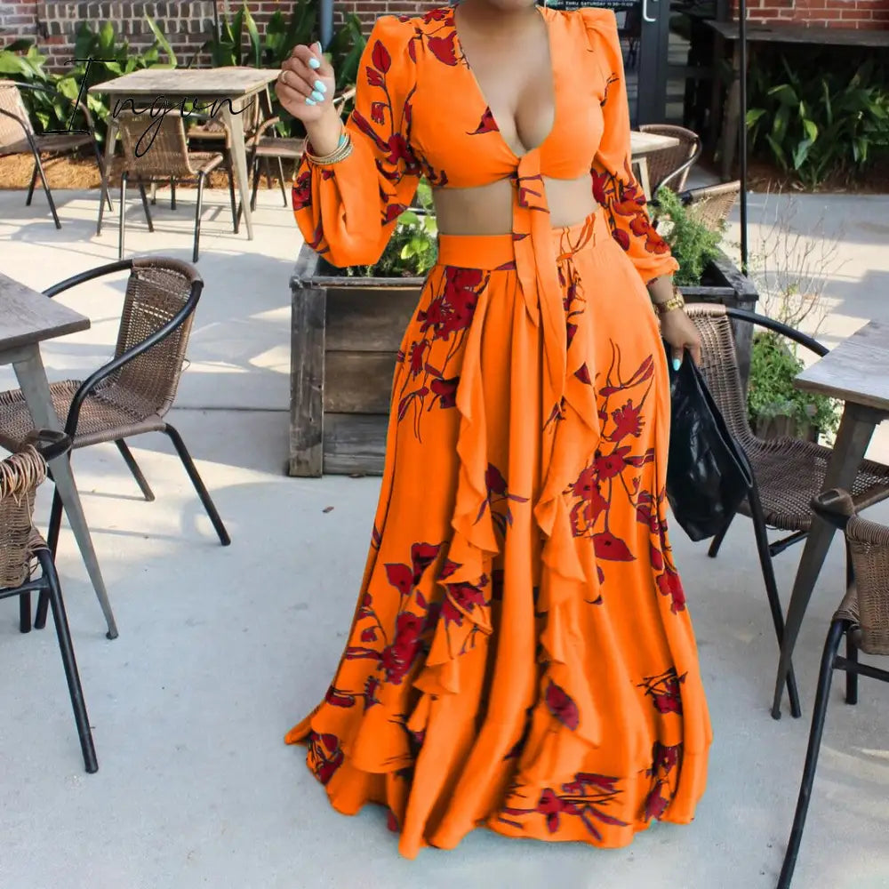 Ingvn - Summer Fashion African Women Long Sleeve V-neck Polyester Printing Yellow Orange Green Two Pieces Sets Top and Long Skirts