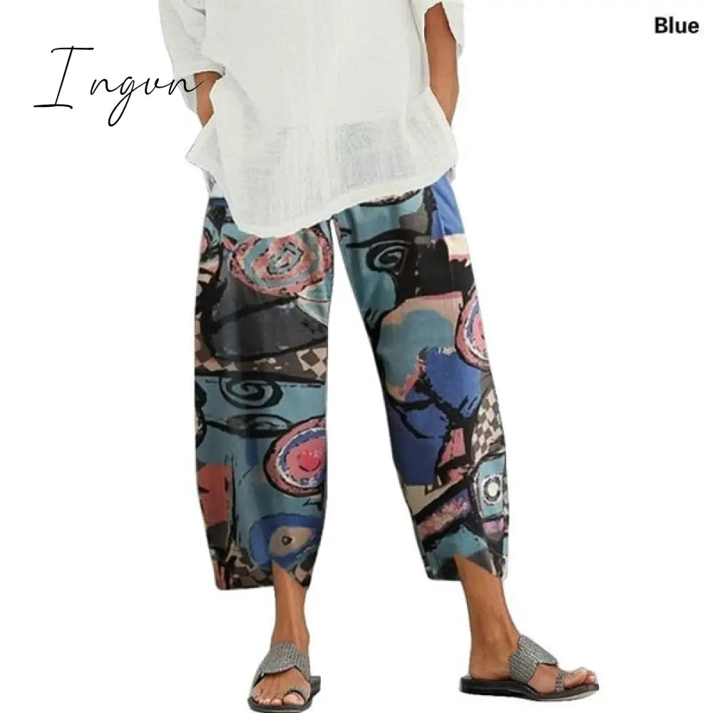 Ingvn - Vintage Harem Pants Women Casual Loose Printed Elastic Waist Cotton Linen Wide Leg Pants Summer Irregular Pantalon Cropped Pants