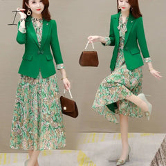 Ingvn - Spring Autumn New Suit Jacket Dress Two-piece Women's Elegant Blazers Floral Long Skirt Set Female Office Professional Wear