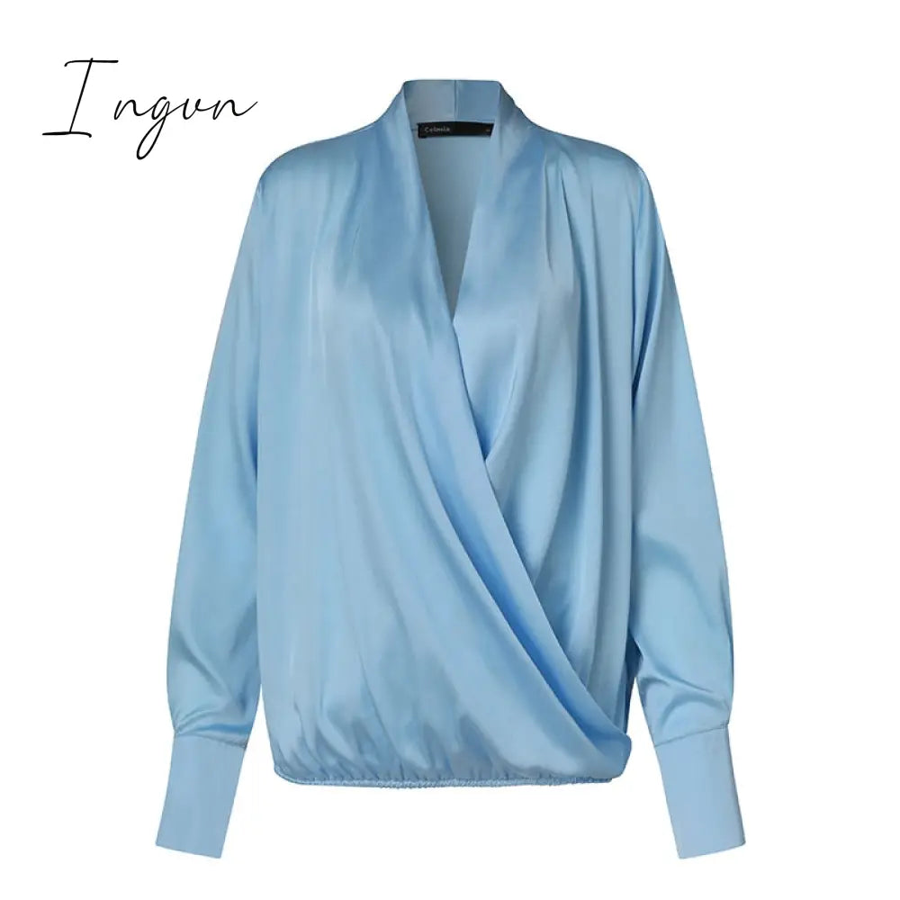 Ingvn - Women Satin Wrap Shirts 2023 Fashion Deep V Neck Blouses Casual Elegant Solid Long Sleeve Top Tunic Blusas Feminina