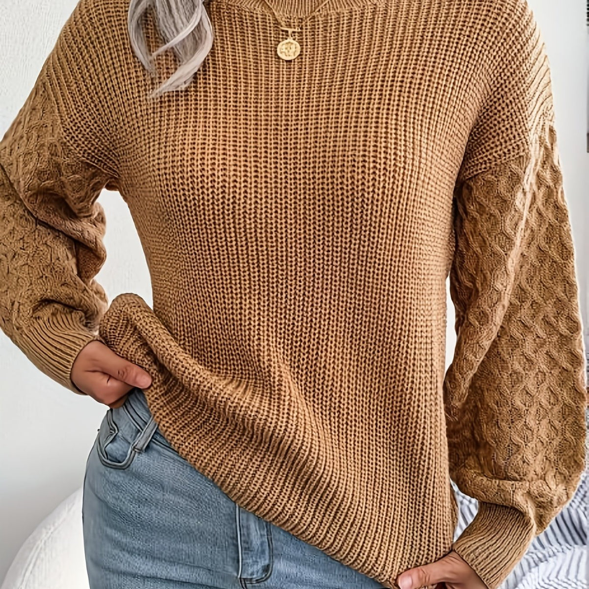Solid Crew Neck Pullover Sweater, Casual Lantern Sleeve Loose Sweater For Fall & Winter, Women's Clothing
