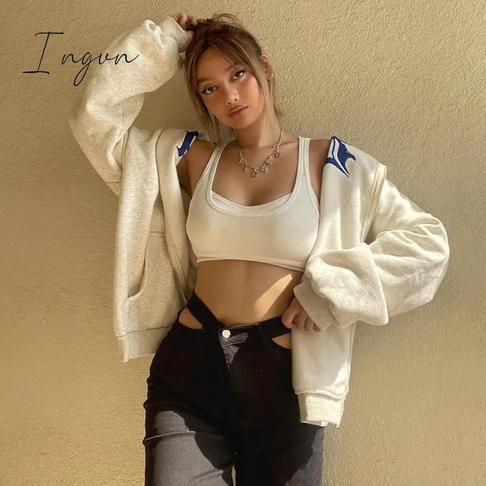 Ingvn - Spring Y2K Streetwear Women's Letter Embroidery Printing Punk Oversized Hoodie Women Hip Hop Couple Gray Zipper Sweatshirt Women