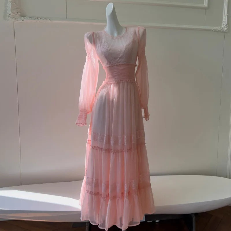 Fashion Women Dress Long Sleeve Round Neck Lace Perspective Female Summer Party Dresses New Tide 3QW1324