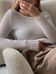 Ingvn  Fashion White Elegant Striped See Through Women Tops Outfits Long Sleeve T-Shirts Tees Skinny Club Party Clothes