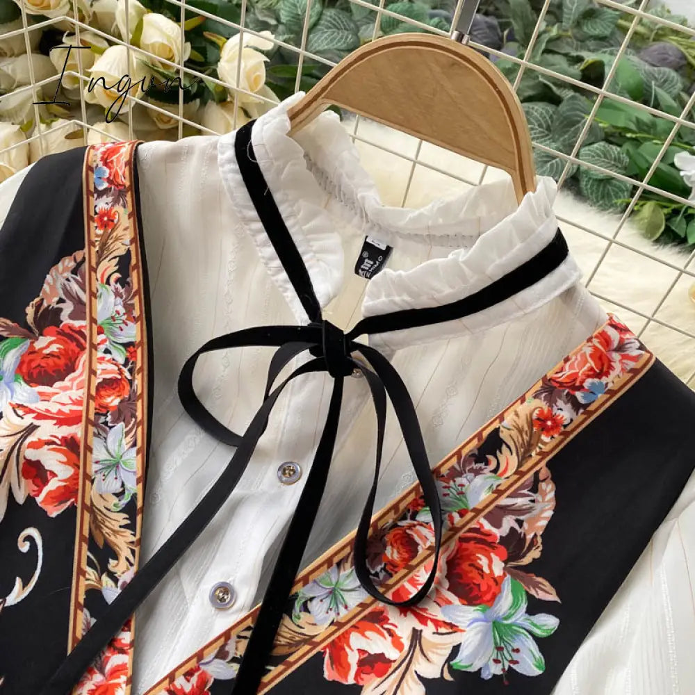 Ingvn - Spring Autumn Elegant 2 Piece Set Overalls Dress Women Bow Collar White Shirt Top+ Irregular Flower Print V-Neck Vest Dress