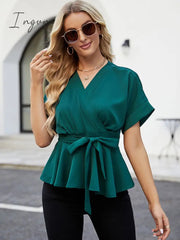 Ingvn - Neck Short Sleeve Front Tie Ruffle Hem Blouse