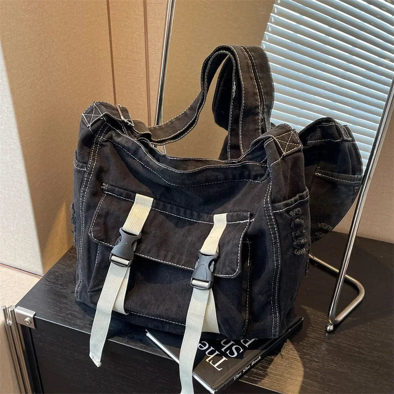 Ingvn  Large Capacity Denim Messenger Bag for Women Crossbody Bag for Students Single Shoulder Tote Bag for Class