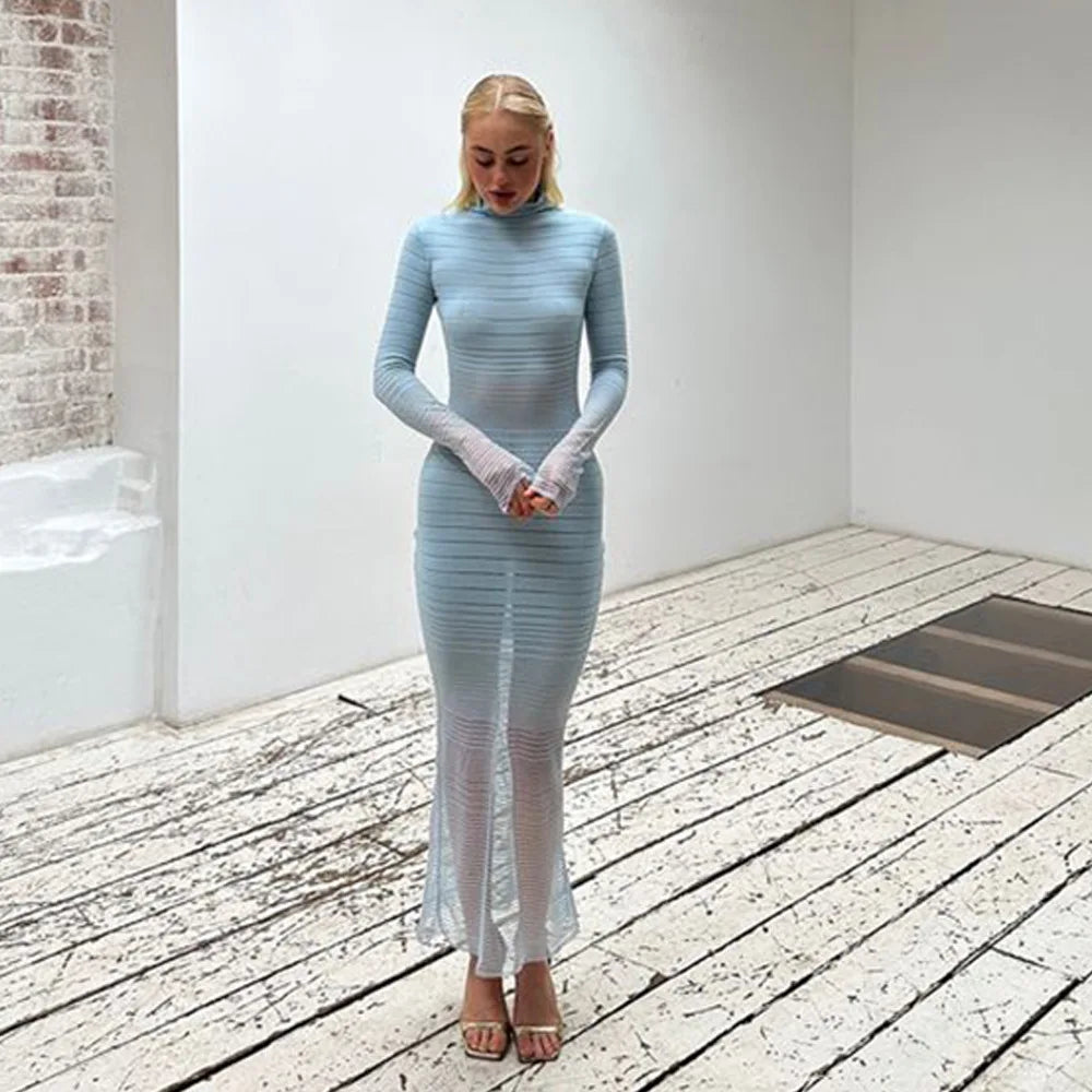 Ingvn  Autumn Winter Striped See-through Knitted Long Dress Streetwear Sexy Women's Half High Collar Bodycon Evening Party Dresses