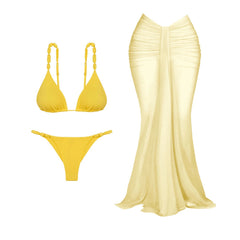 2025 3Pc Button Bikini Women Sexy Swimsuit Push Up Swimwear Female Bandeau Biquini Yellow Bathing Suit Summer Bodysuit Beachwear