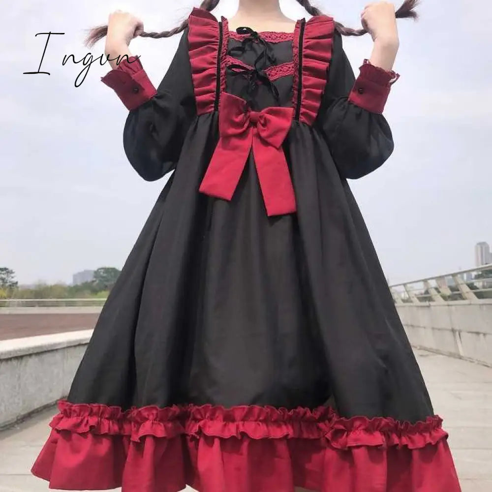 Ingvn - Japanese Harajuku Gothic Bandage Bow Splice Dress Sweet Lolita Girl Cosplay Dress Kawaii Ruffles Bow Women Party Dress