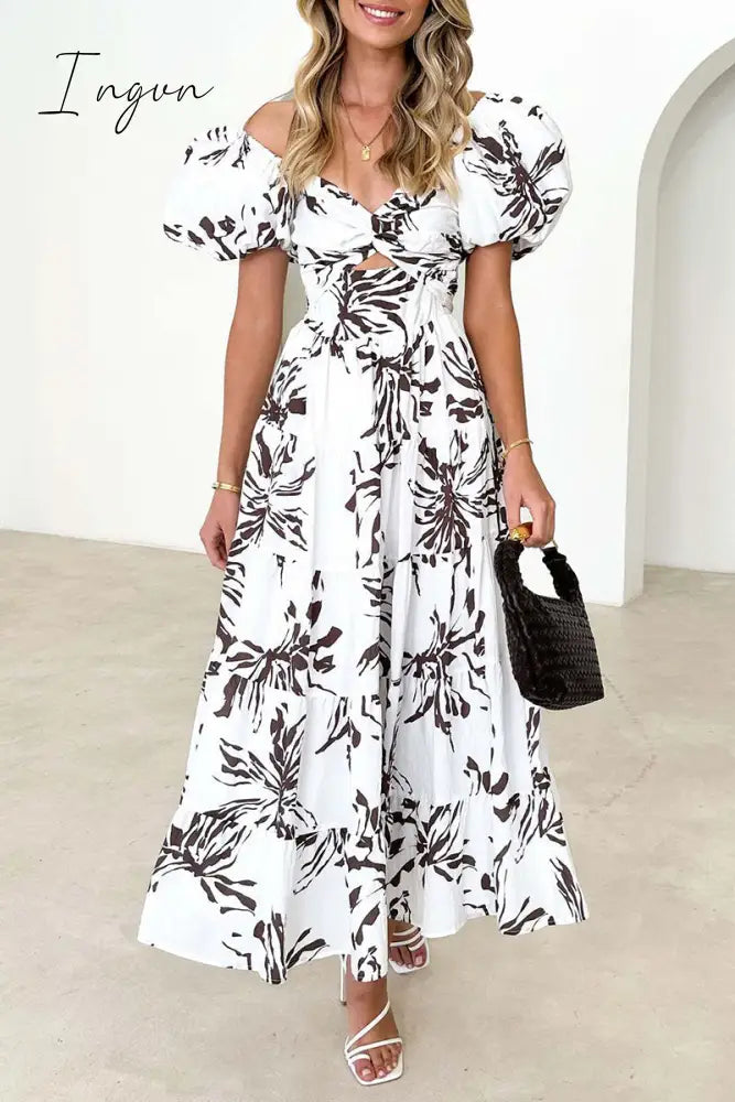 Ingvn - Sweet Elegant Floral Hollowed Out Off the Shoulder Printed Dress Dresses
